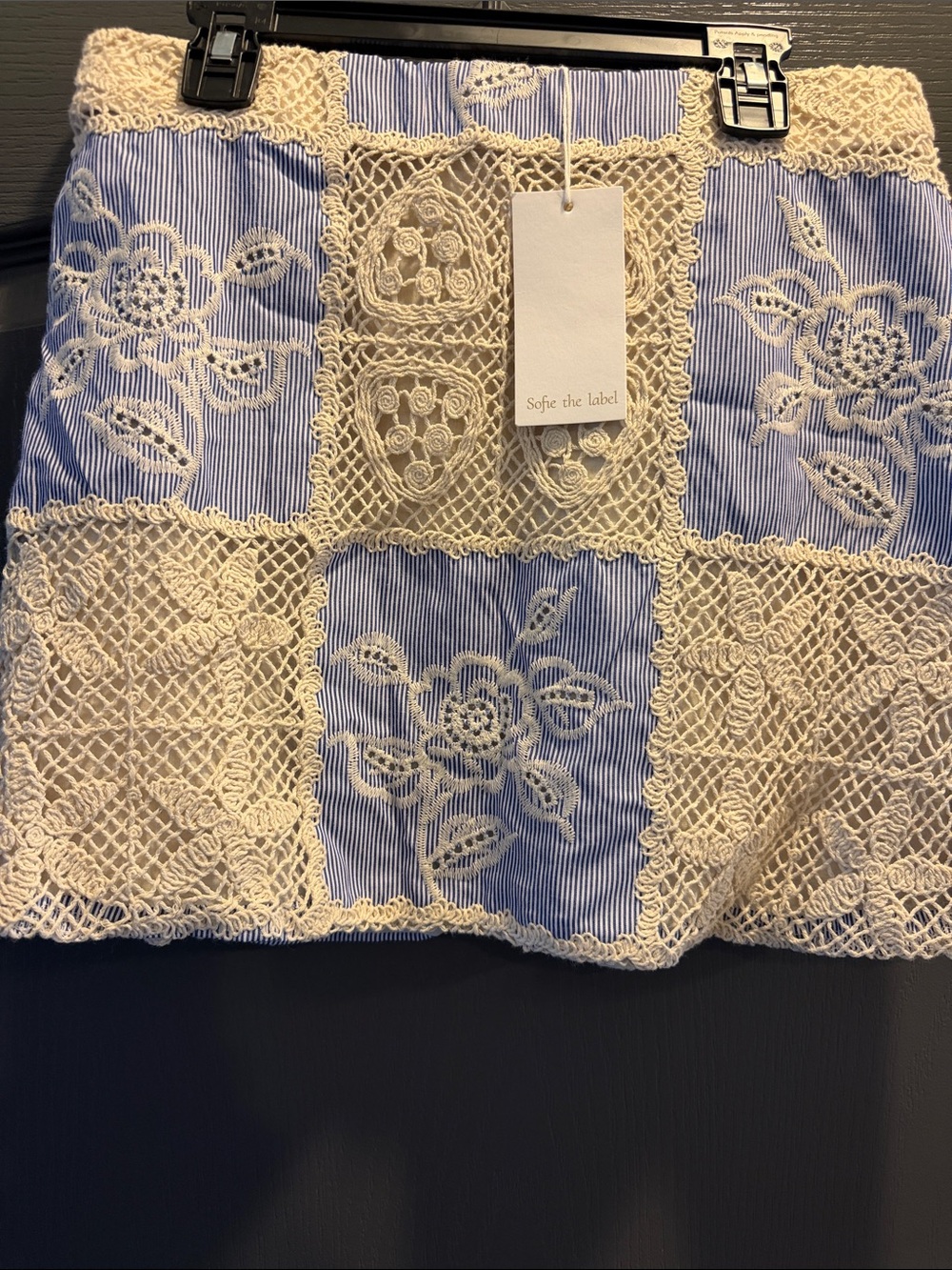 Sofia the Label Blue and Cream Crochet Patchwork Accent Mini Skirt NWT